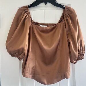 Ro & De Satin Puff Sleeve Square Neck Top - Copper Brown